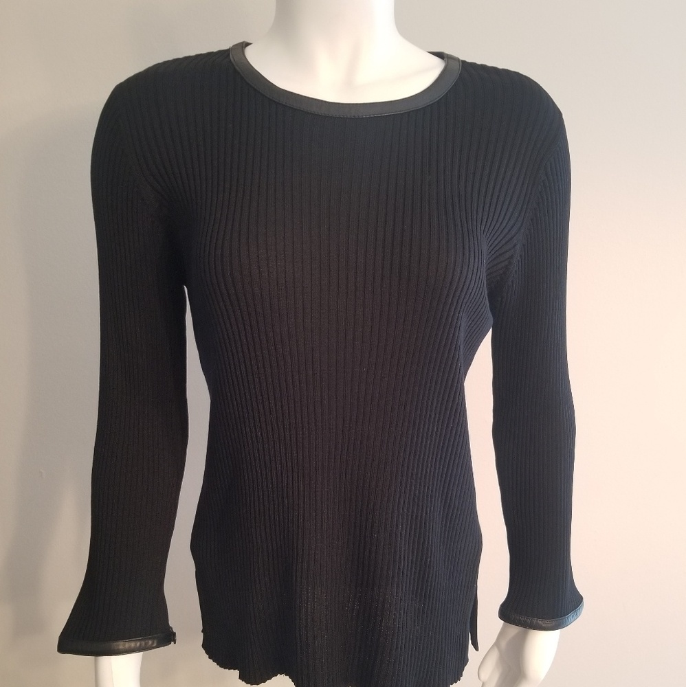 100% Silk Ribbed Leather Trim Sweater